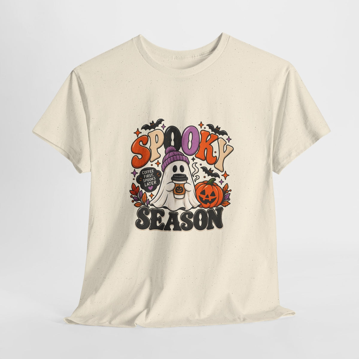 Spooky Season Halloween T-Shirt — Cute Ghost, Pumpkin & Bat Graphic Tee Printify