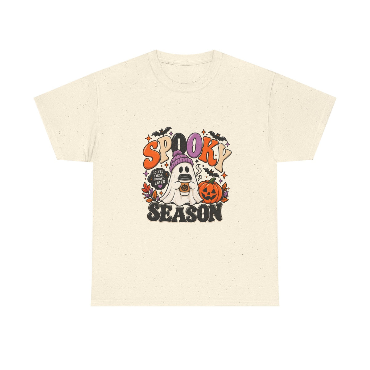 Spooky Season Halloween T-Shirt — Cute Ghost, Pumpkin & Bat Graphic Tee Printify