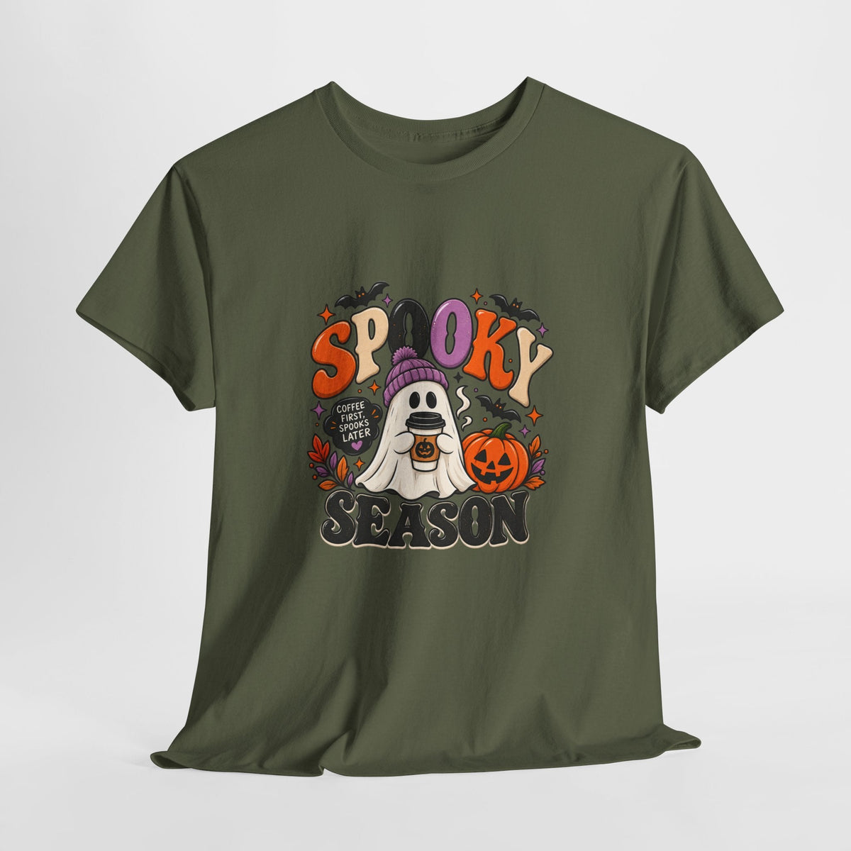 Spooky Season Halloween T-Shirt — Cute Ghost, Pumpkin & Bat Graphic Tee Printify