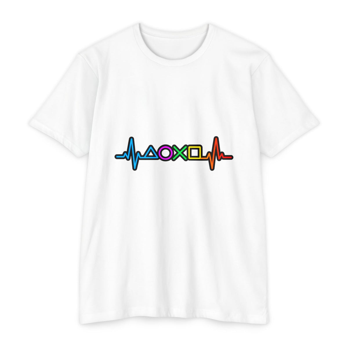 PlayStation Button Pulse T-Shirt — Rainbow Controller Symbols Heartbeat Tee Printify