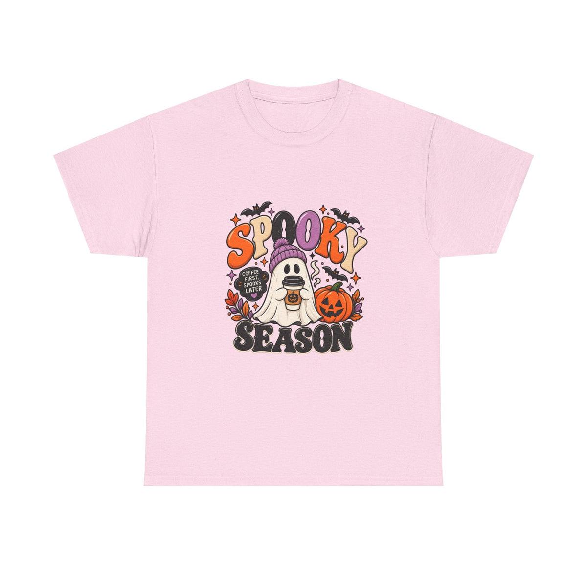 Spooky Season Halloween T-Shirt — Cute Ghost, Pumpkin & Bat Graphic Tee Printify
