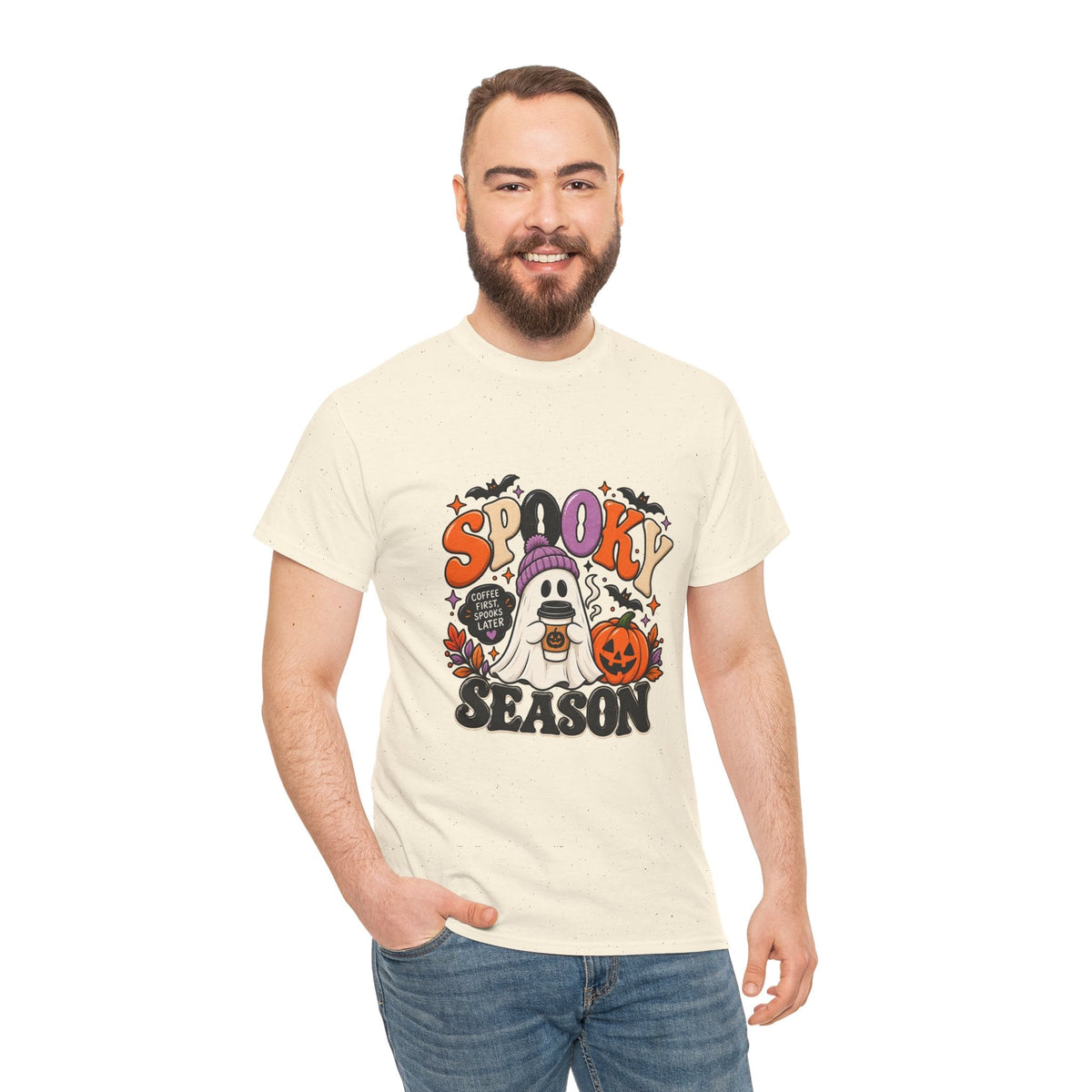 Spooky Season Halloween T-Shirt — Cute Ghost, Pumpkin & Bat Graphic Tee Printify
