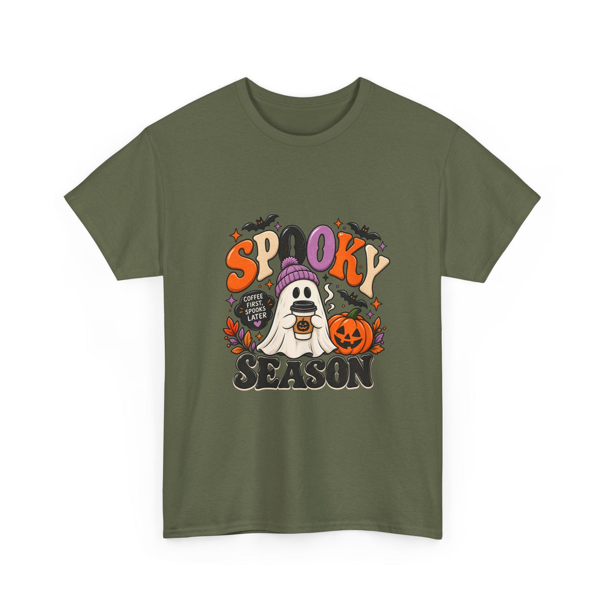 Spooky Season Halloween T-Shirt — Cute Ghost, Pumpkin & Bat Graphic Tee Printify