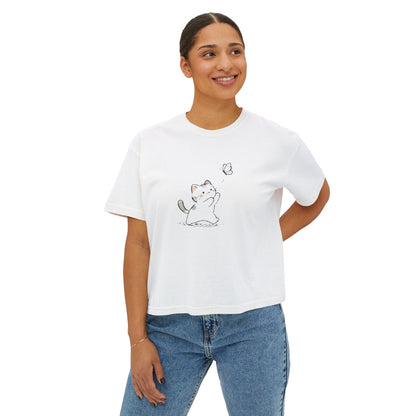 Cute Cat & Butterfly Women's Boxy Tee – Minimal Kawaii Cat T-Shirt Printify