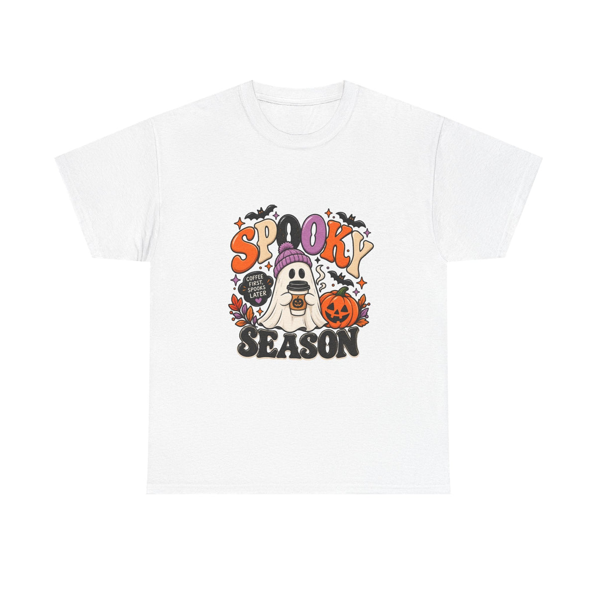 Spooky Season Halloween T-Shirt — Cute Ghost, Pumpkin & Bat Graphic Tee Printify