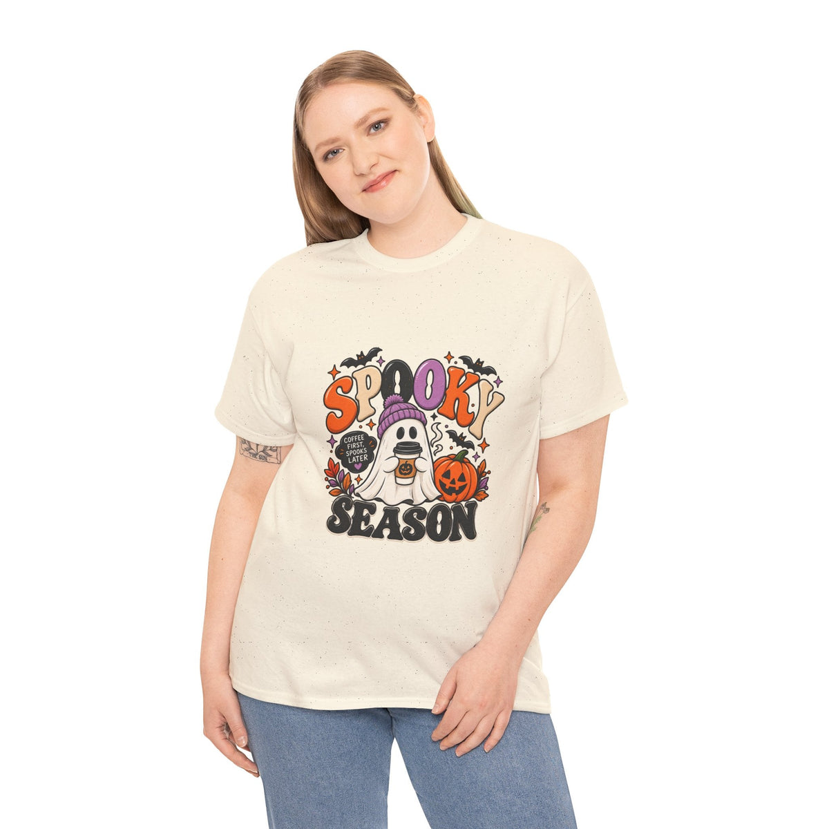 Spooky Season Halloween T-Shirt — Cute Ghost, Pumpkin & Bat Graphic Tee Printify