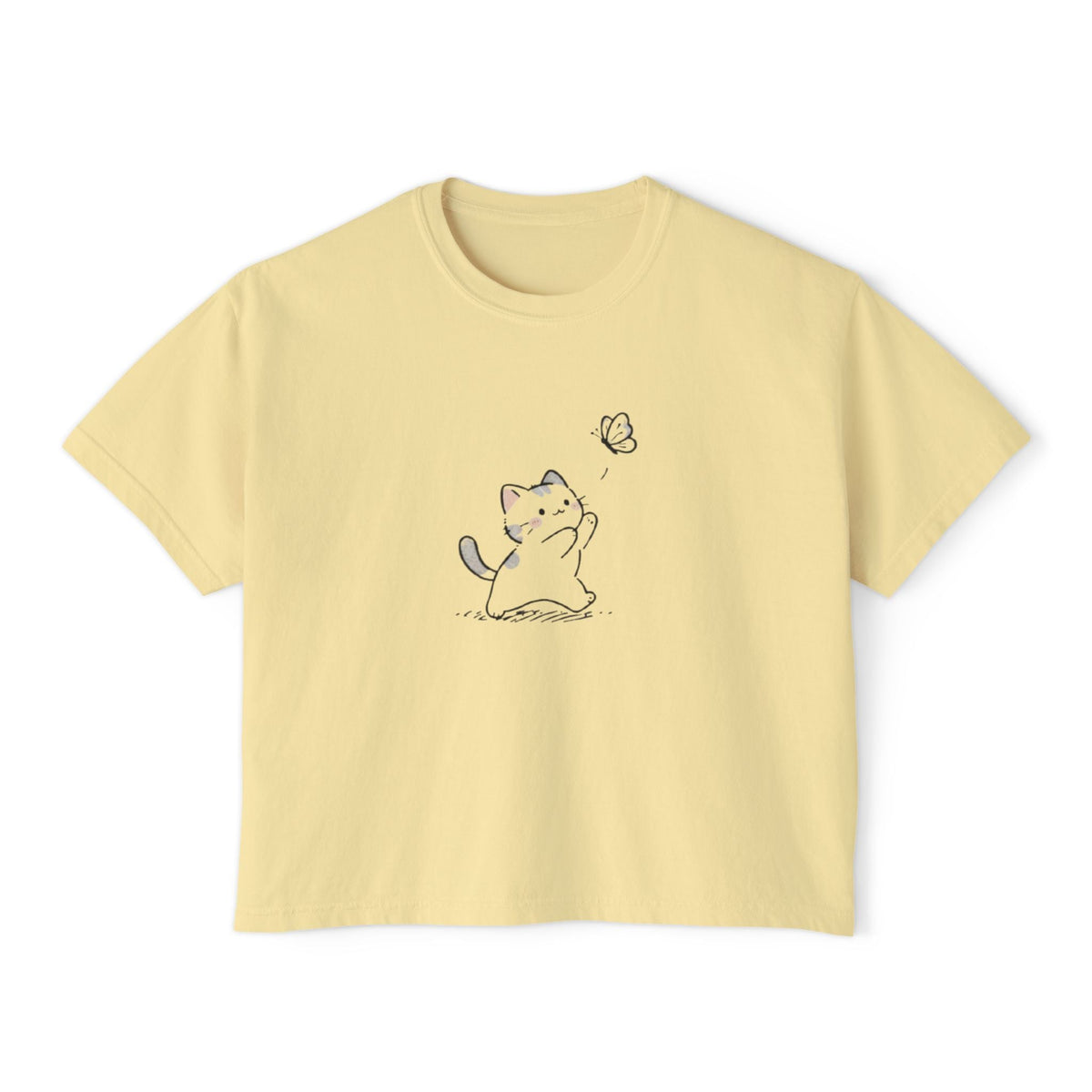 Cute Cat & Butterfly Women's Boxy Tee – Minimal Kawaii Cat T-Shirt Printify