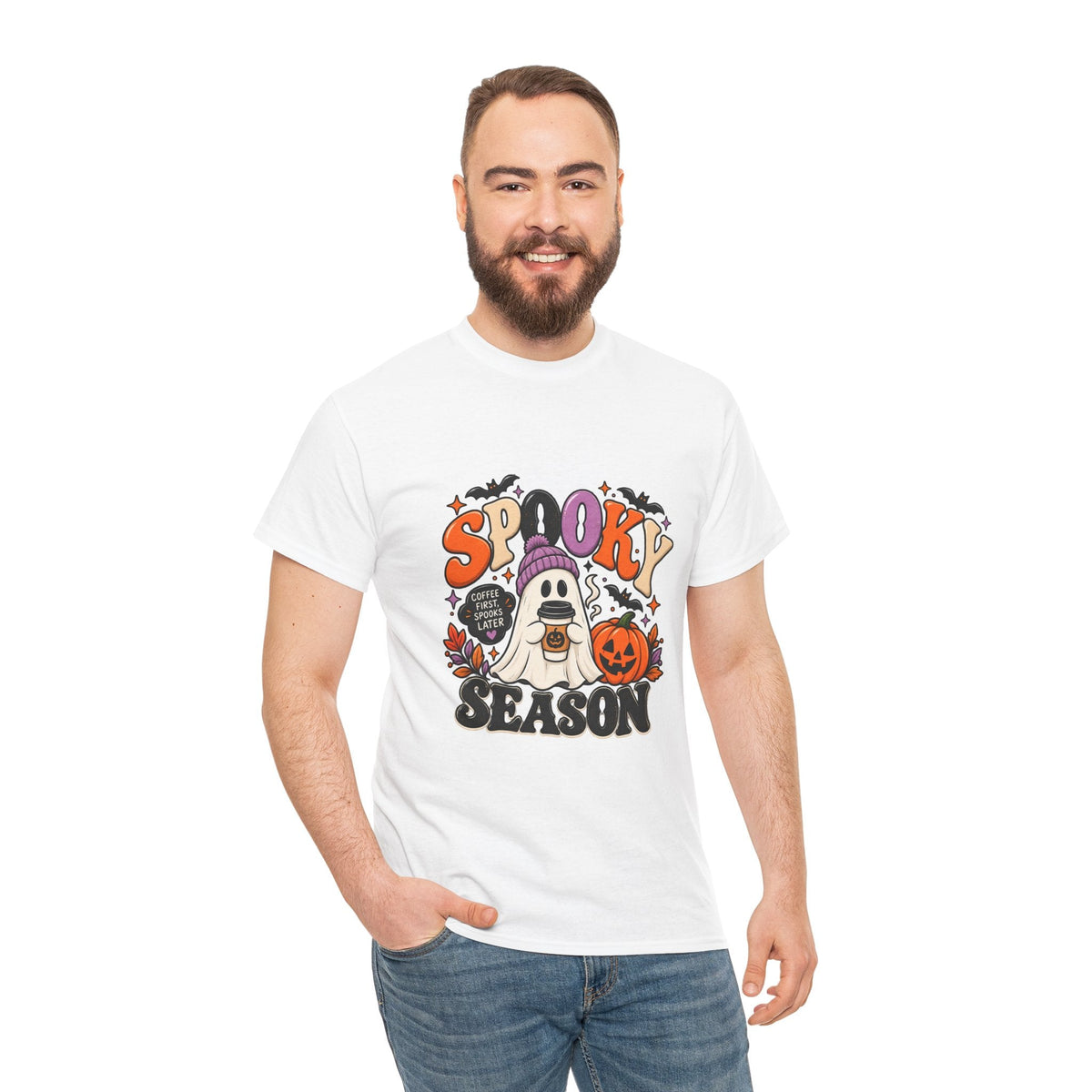Spooky Season Halloween T-Shirt — Cute Ghost, Pumpkin & Bat Graphic Tee Printify