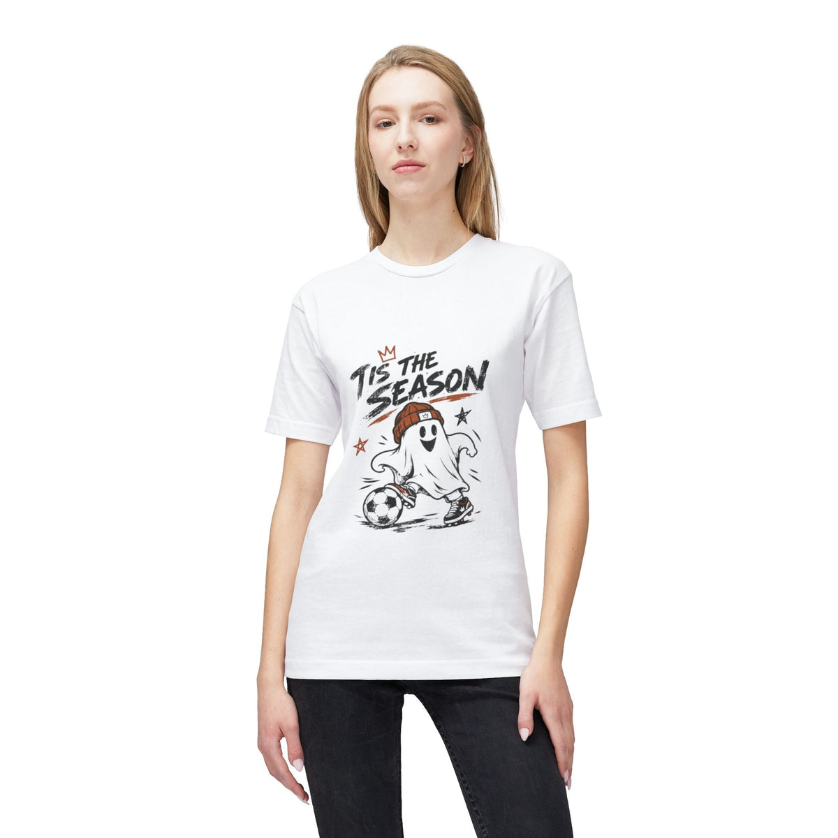 T-Shirt — "'Tis the Season" Soccer Ghost Graphic Tee Printify