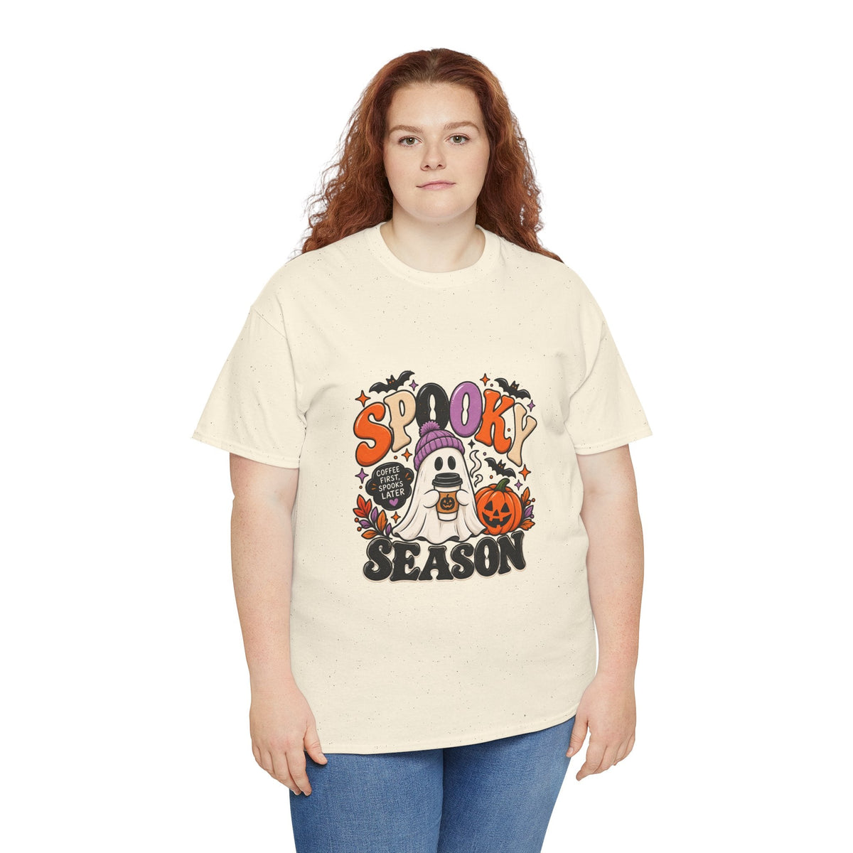 Spooky Season Halloween T-Shirt — Cute Ghost, Pumpkin & Bat Graphic Tee Printify