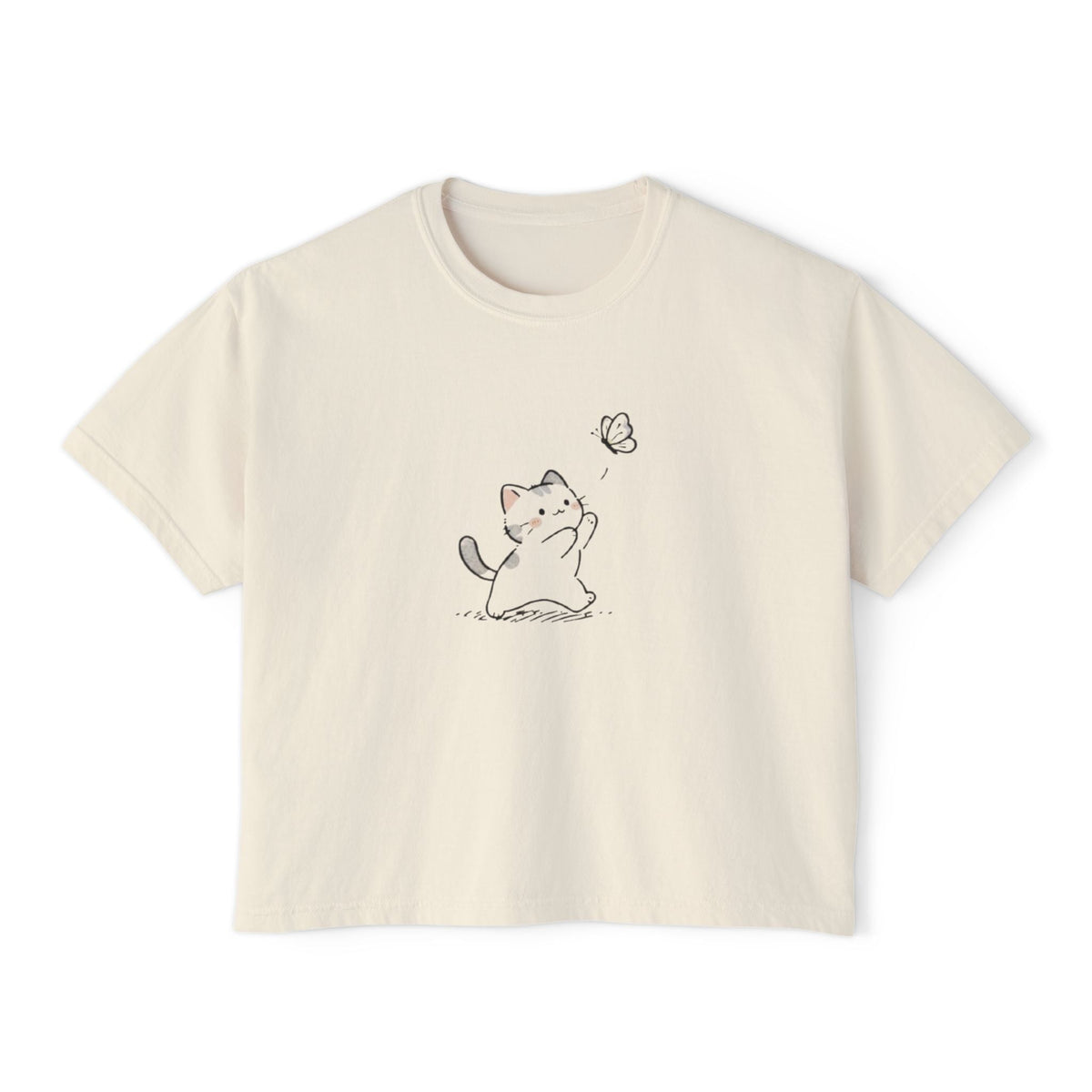 Cute Cat & Butterfly Women's Boxy Tee – Minimal Kawaii Cat T-Shirt Printify