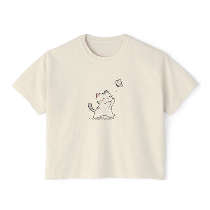 Cute Cat & Butterfly Women's Boxy Tee – Minimal Kawaii Cat T-Shirt Printify