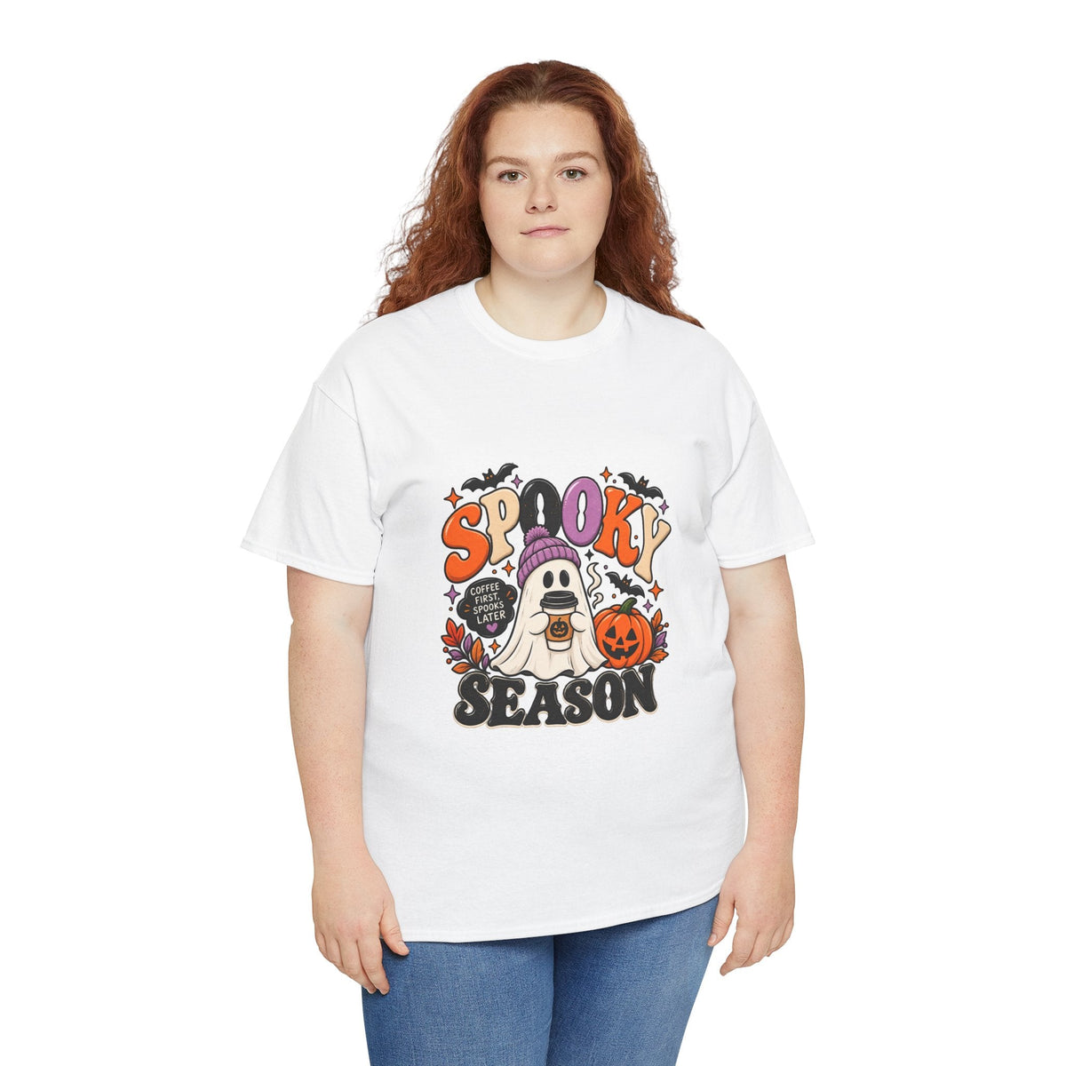 Spooky Season Halloween T-Shirt — Cute Ghost, Pumpkin & Bat Graphic Tee Printify