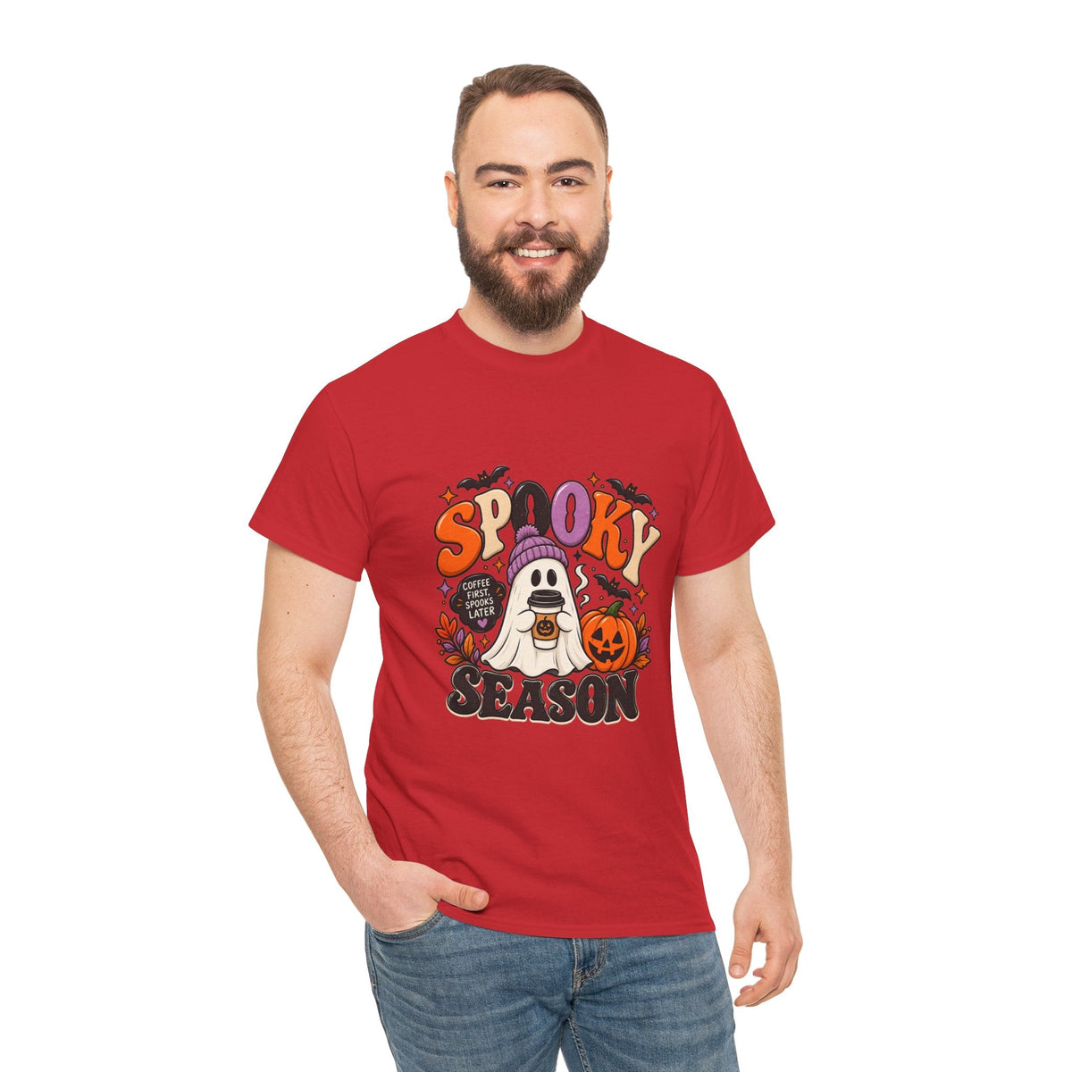 Spooky Season Halloween T-Shirt — Cute Ghost, Pumpkin & Bat Graphic Tee Printify