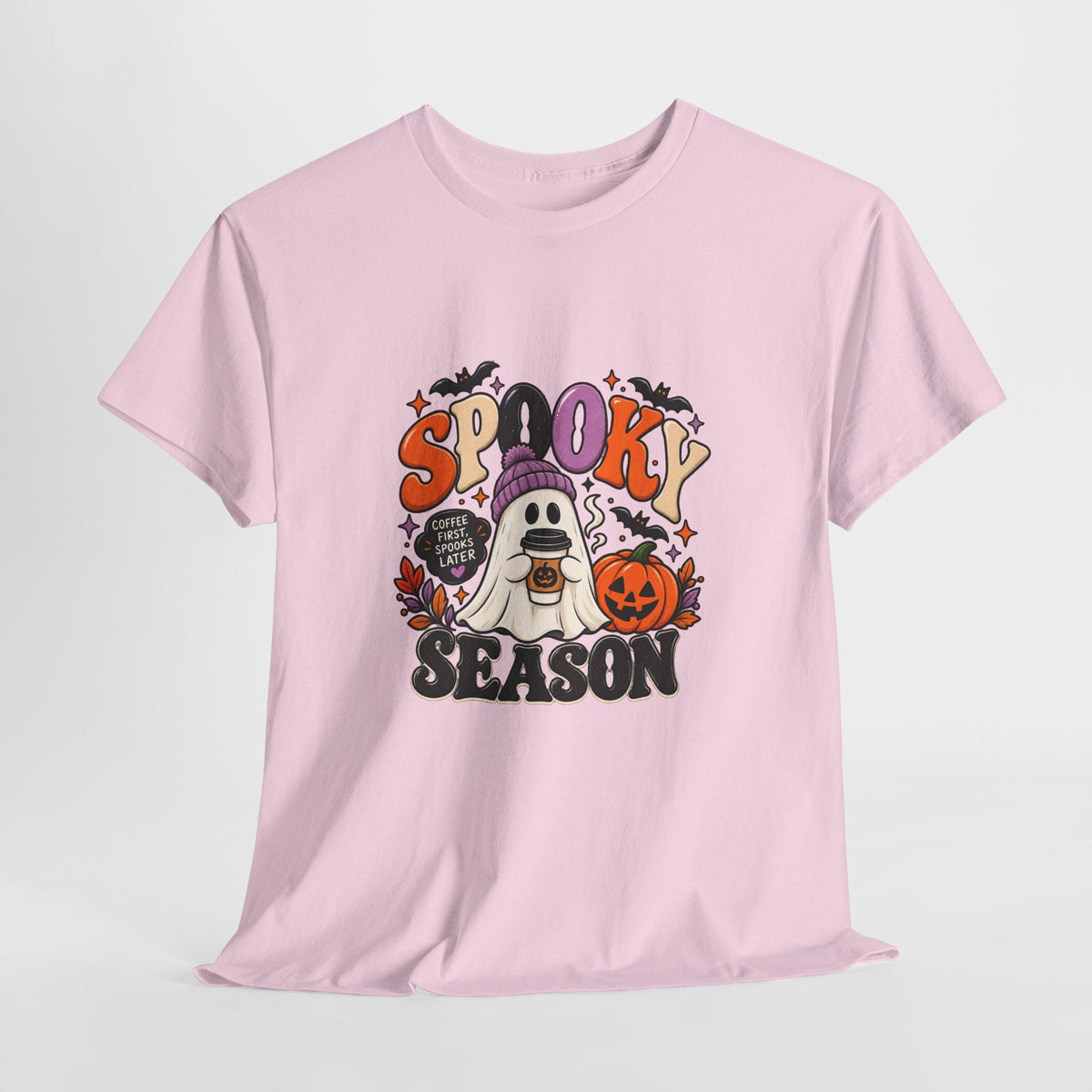 Spooky Season Halloween T-Shirt — Cute Ghost, Pumpkin & Bat Graphic Tee Printify