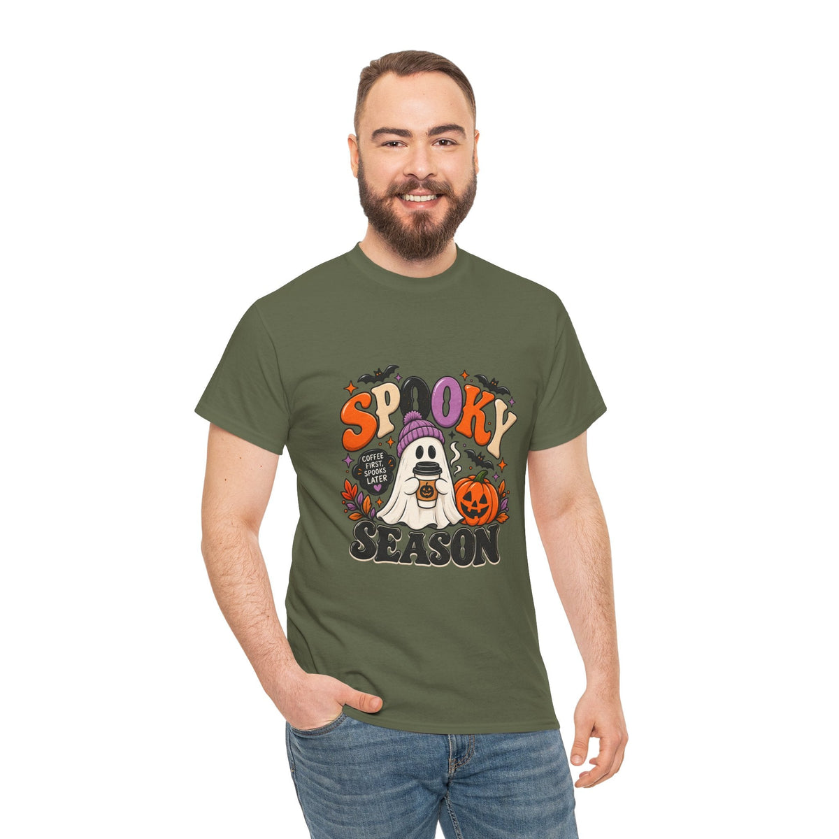 Spooky Season Halloween T-Shirt — Cute Ghost, Pumpkin & Bat Graphic Tee Printify