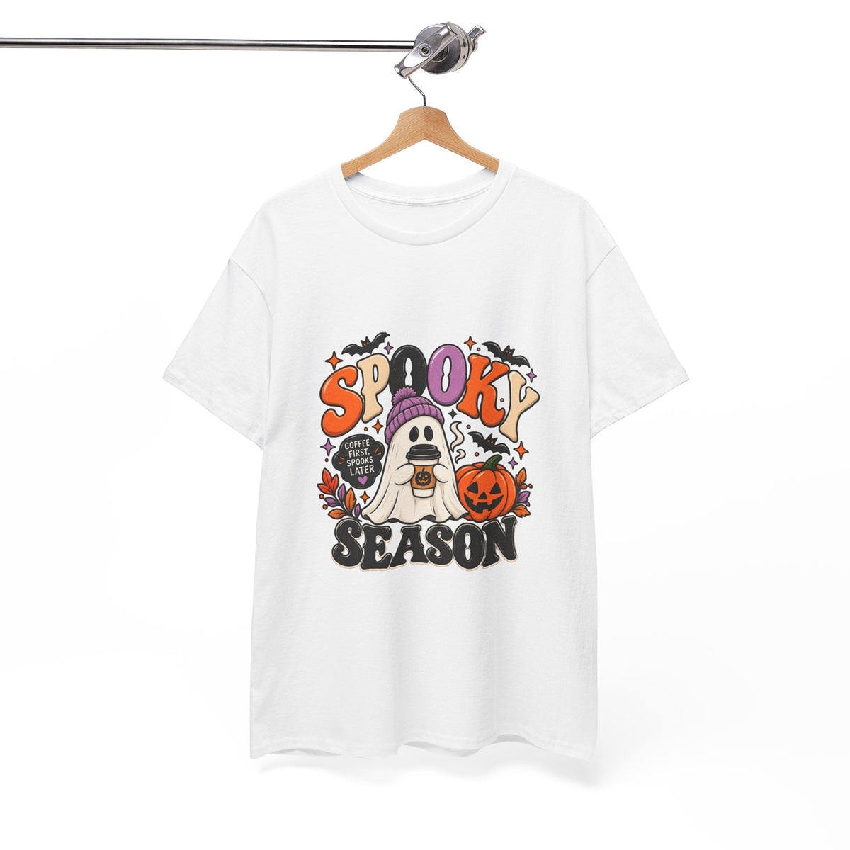 Spooky Season Halloween T-Shirt — Cute Ghost, Pumpkin & Bat Graphic Tee Printify