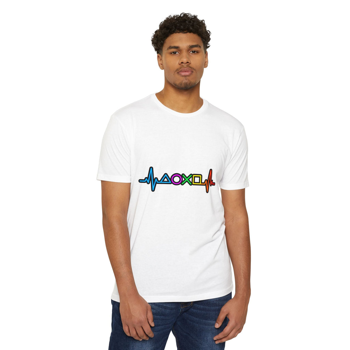 PlayStation Button Pulse T-Shirt — Rainbow Controller Symbols Heartbeat Tee Printify