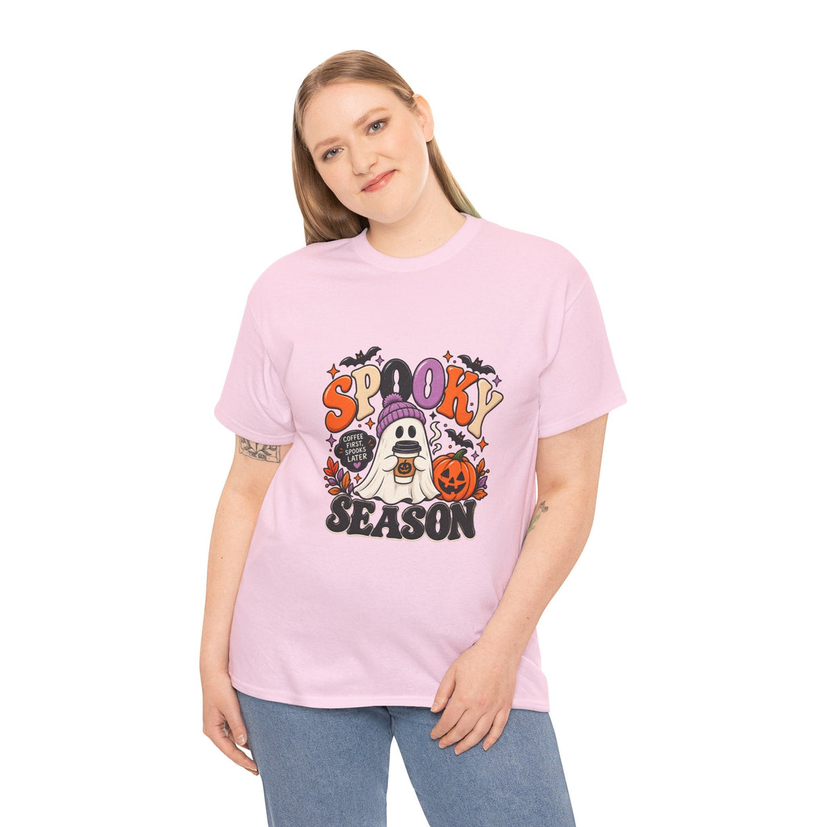 Spooky Season Halloween T-Shirt — Cute Ghost, Pumpkin & Bat Graphic Tee Printify