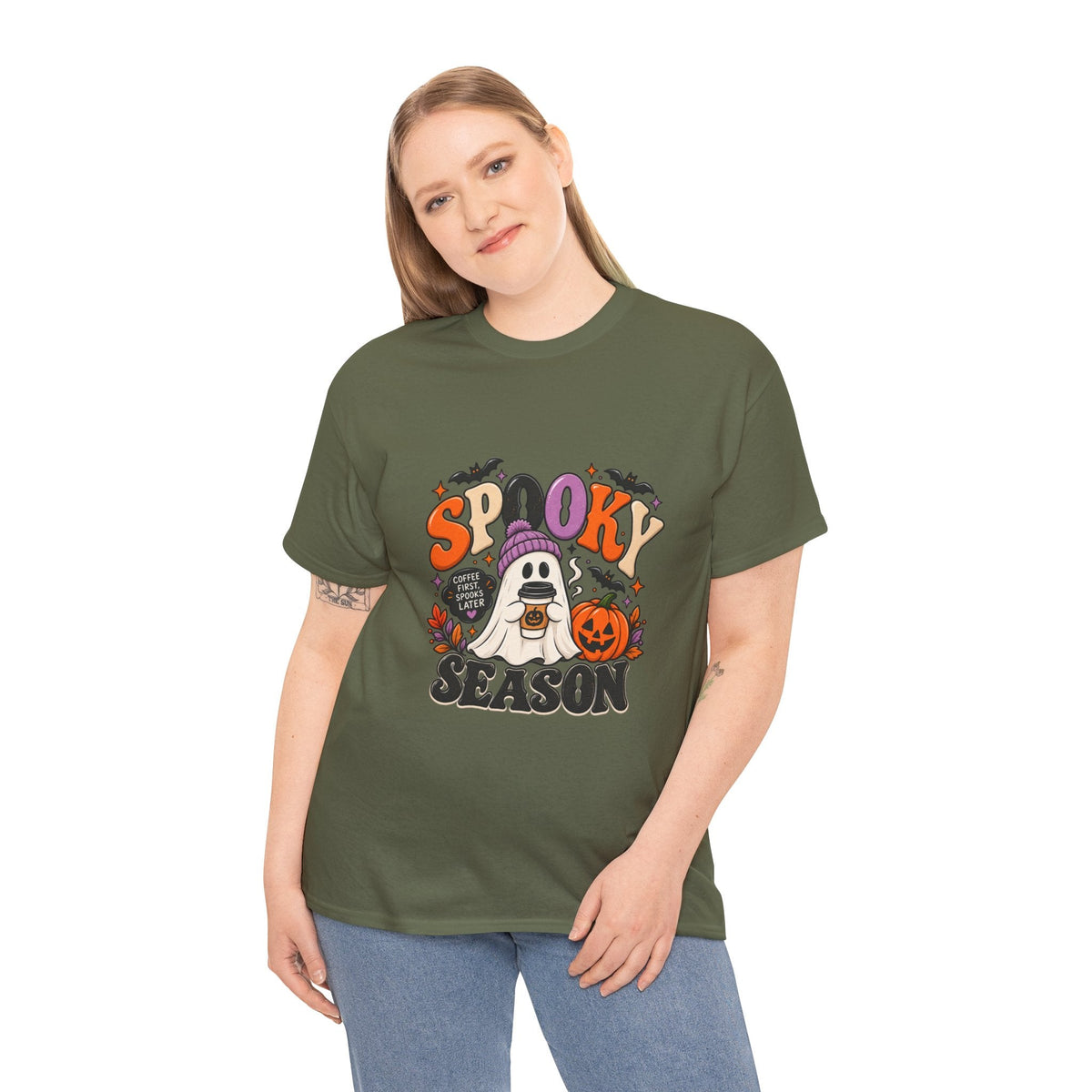 Spooky Season Halloween T-Shirt — Cute Ghost, Pumpkin & Bat Graphic Tee Printify