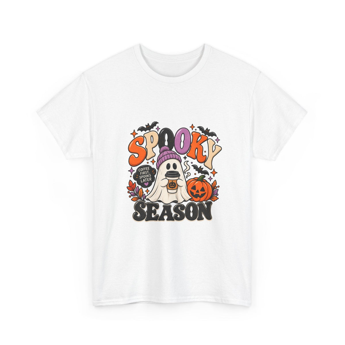 Spooky Season Halloween T-Shirt — Cute Ghost, Pumpkin & Bat Graphic Tee Printify