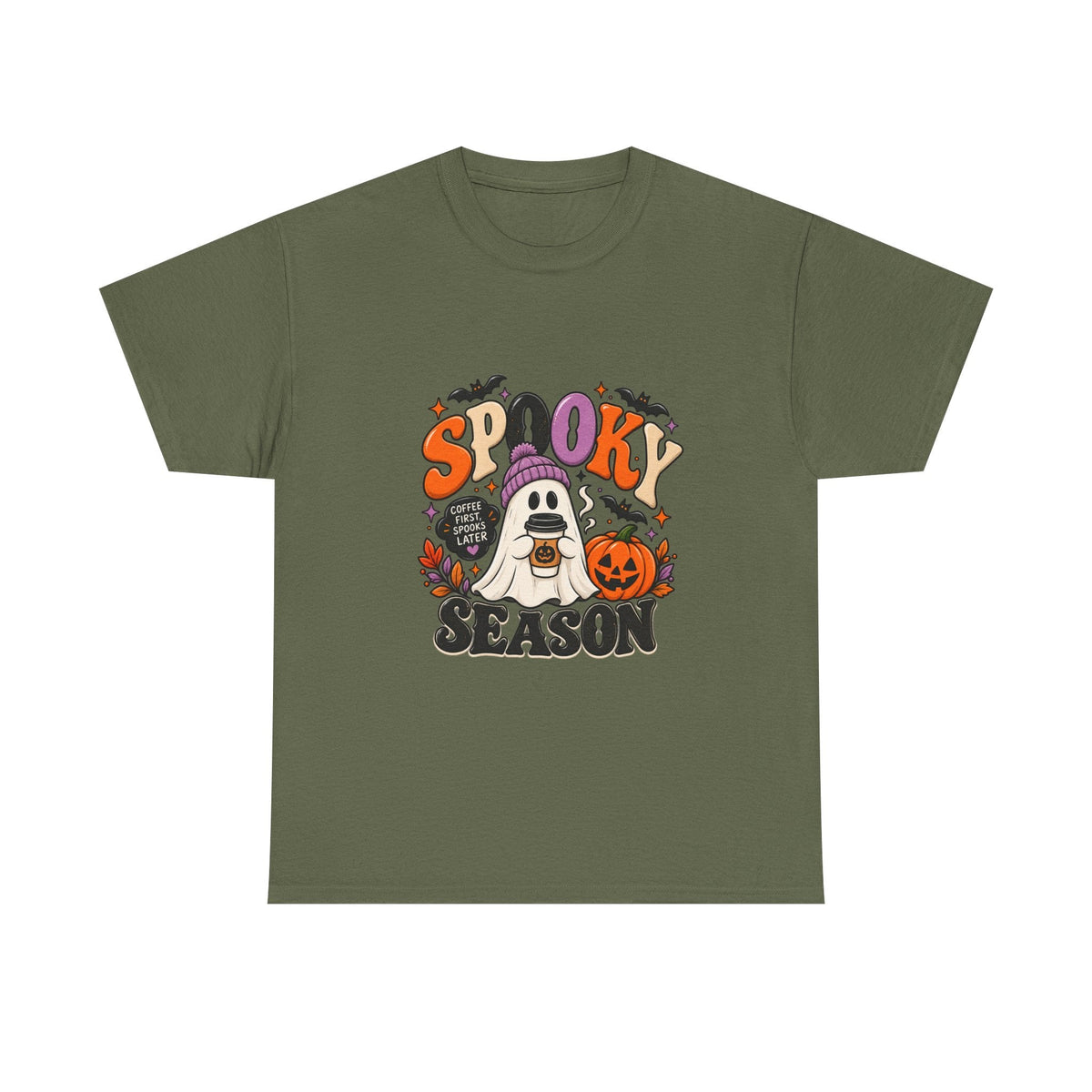 Spooky Season Halloween T-Shirt — Cute Ghost, Pumpkin & Bat Graphic Tee Printify