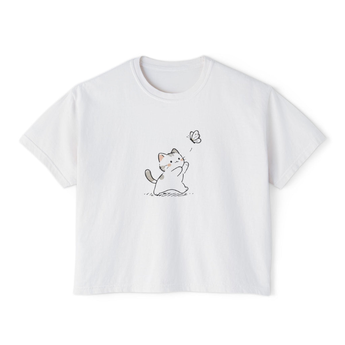 Cute Cat & Butterfly Women's Boxy Tee – Minimal Kawaii Cat T-Shirt Printify