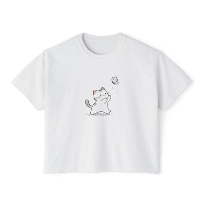 Cute Cat & Butterfly Women's Boxy Tee – Minimal Kawaii Cat T-Shirt Printify