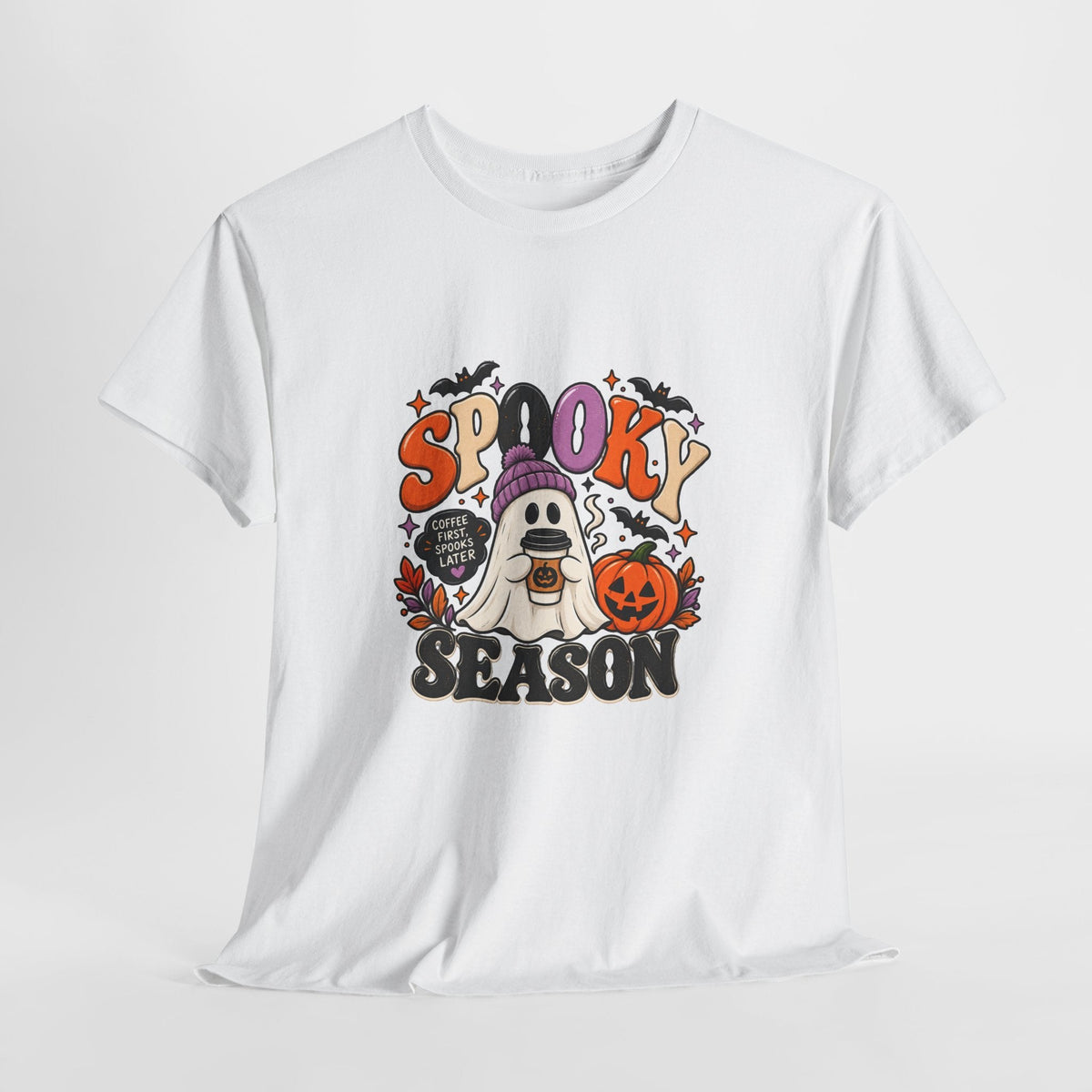 Spooky Season Halloween T-Shirt — Cute Ghost, Pumpkin & Bat Graphic Tee Printify